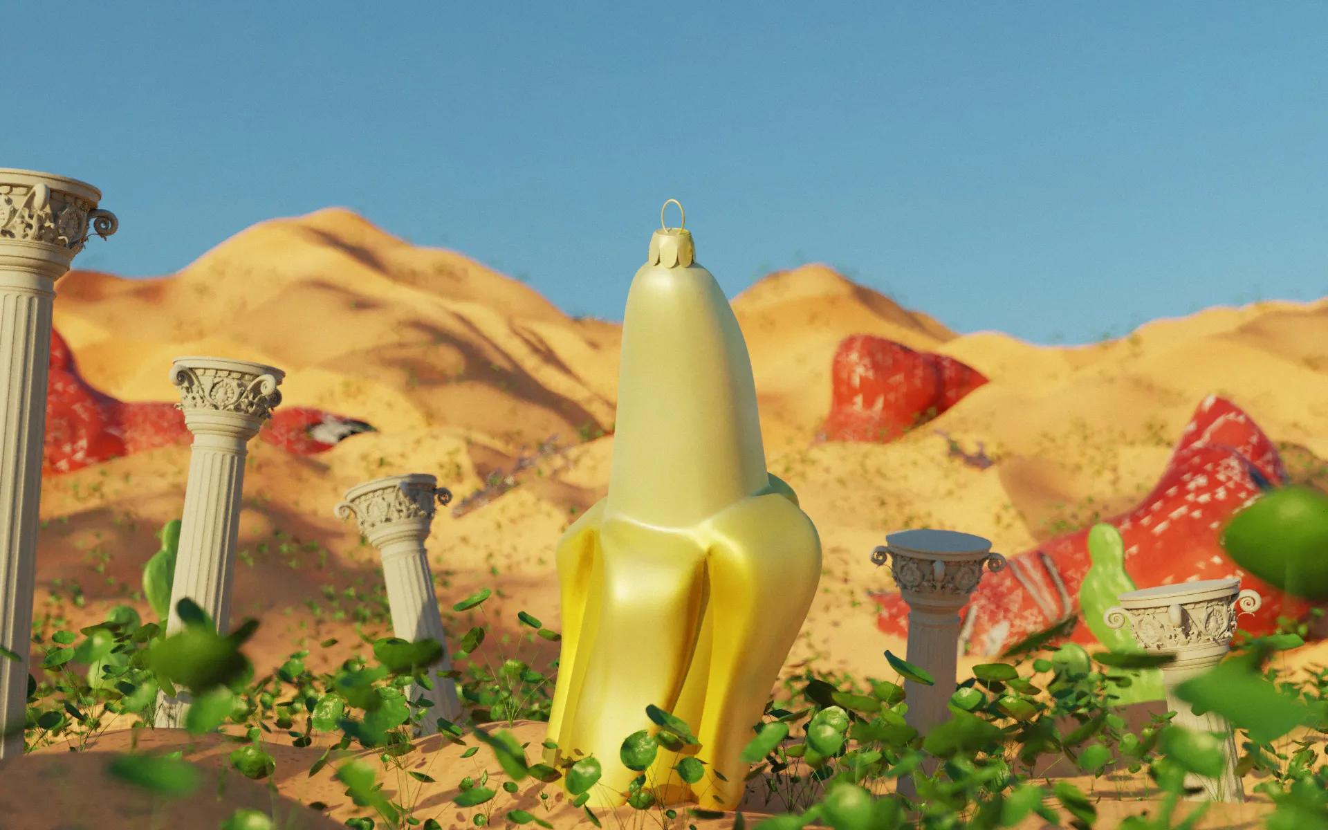 3D rendering centered on a stylized banana surrounded by roman styled columns, approximately the size of the banana, in desert setting. The bottoms of the columns and banana are surrounded by greenery. Mountains of sand and red structures fill the background and a blue sky covers the top third of the image.