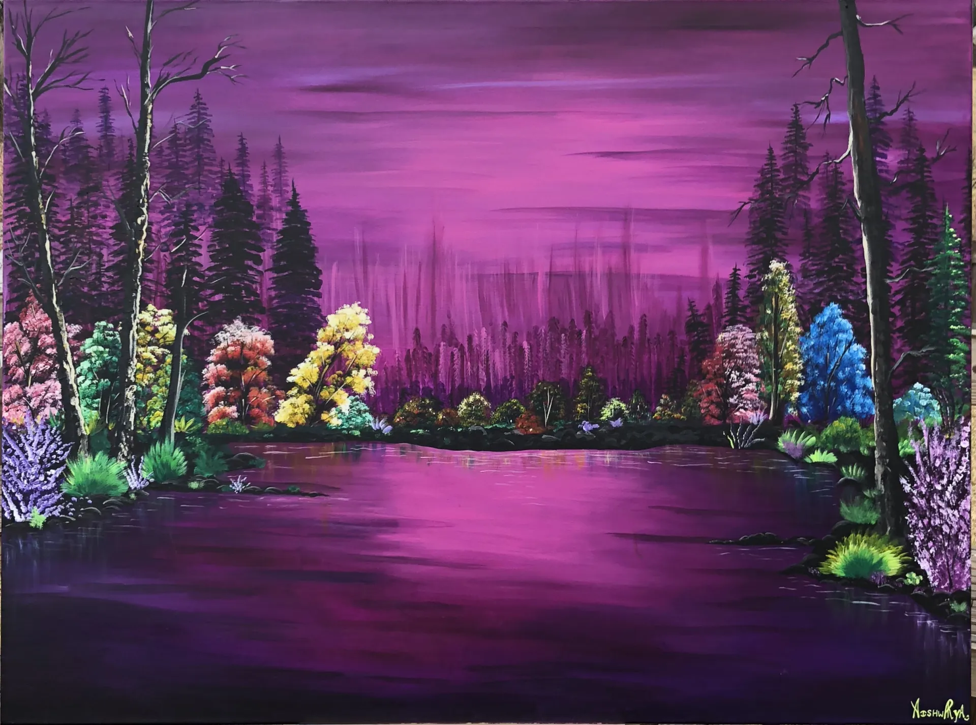 A painting of an outdoor landscape with a vibrant purple sky and ground with a row of multi-colored trees (greens, blues, yellows, purples, reds) at the horizon line in the middle of image that is receding towards the center from both left and right edges of the painting. The center of the painting is the most vibrant warm purple.