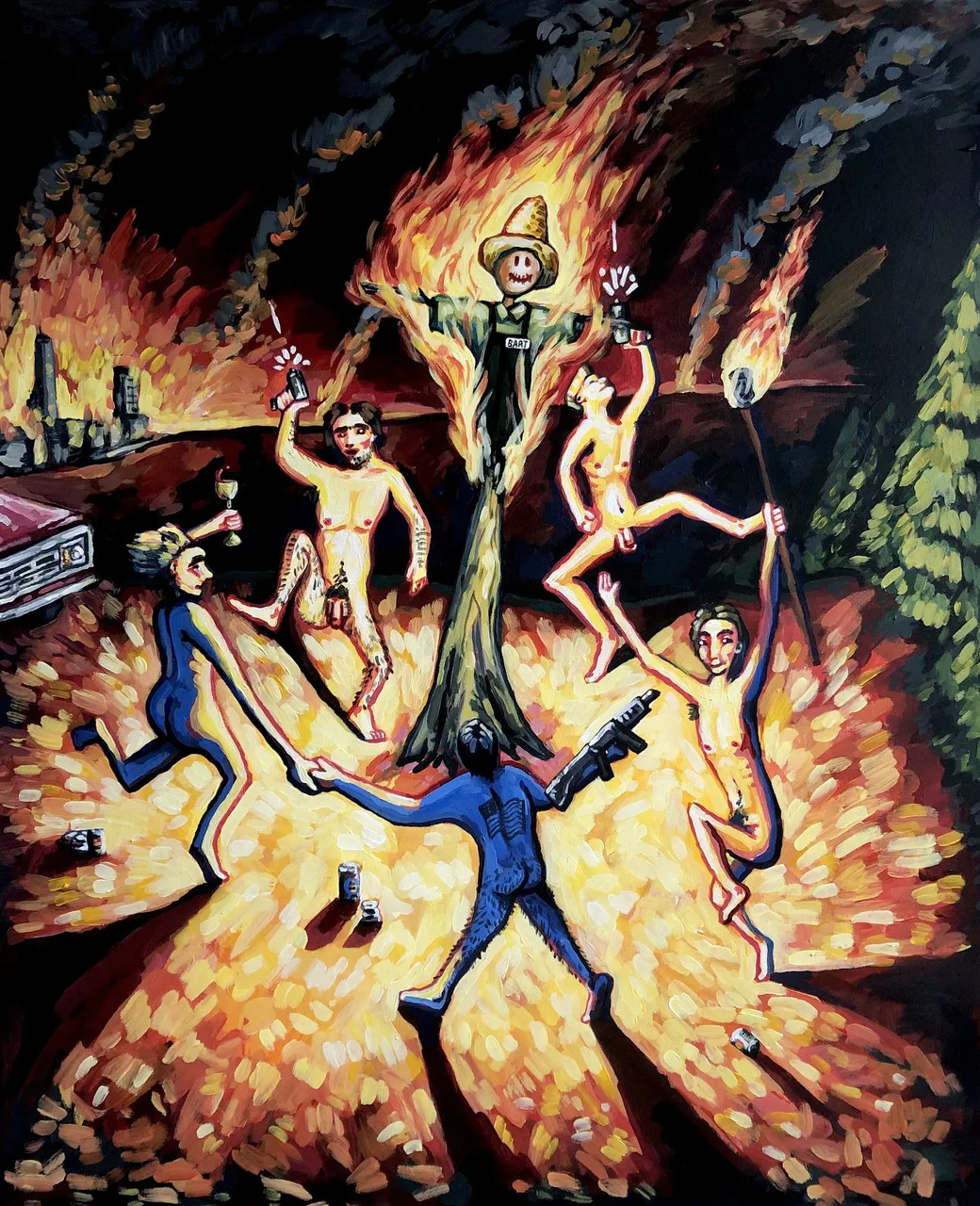 painting of people gathered around a burning scarecrow in the middle of a field