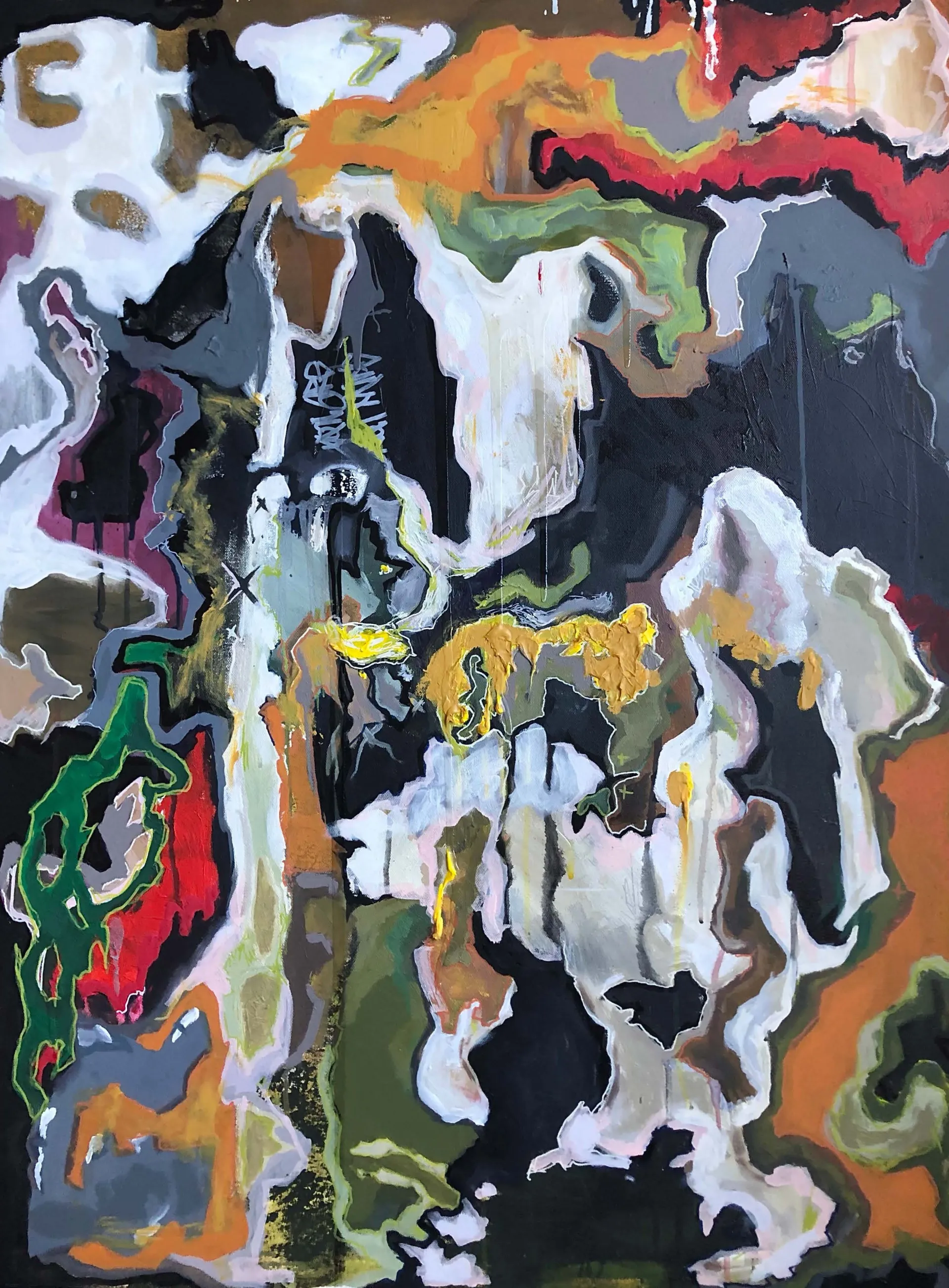 Acrylic on Canvas abstract painting with abstract shapes with curves edges of different colors covering canvas.