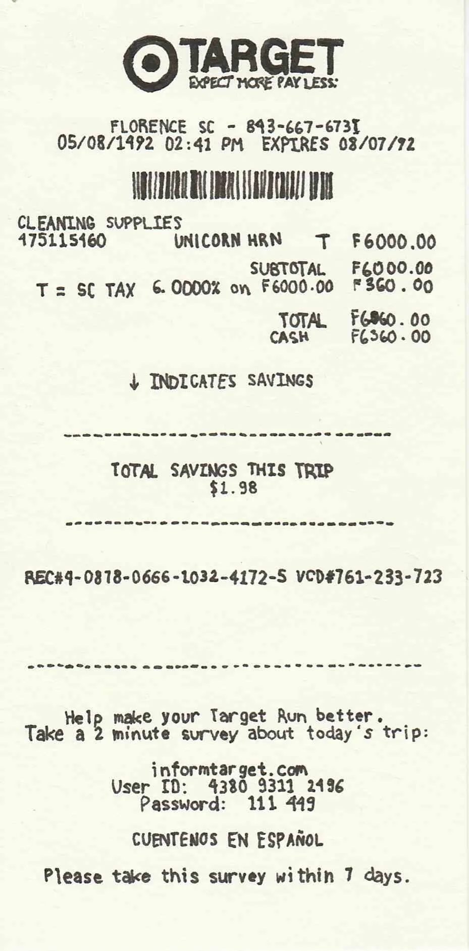 A hand-drawn receipt showing that someone bought a type of cleaning supplies labeled "UNICORN HRN" at Target on May 8, 1492