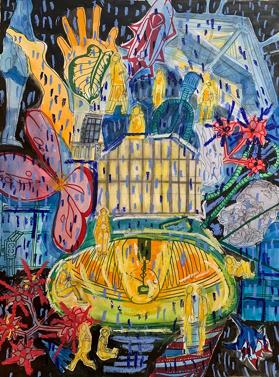 Colorful drawings resembling people, buildings, and flowers overlap each other