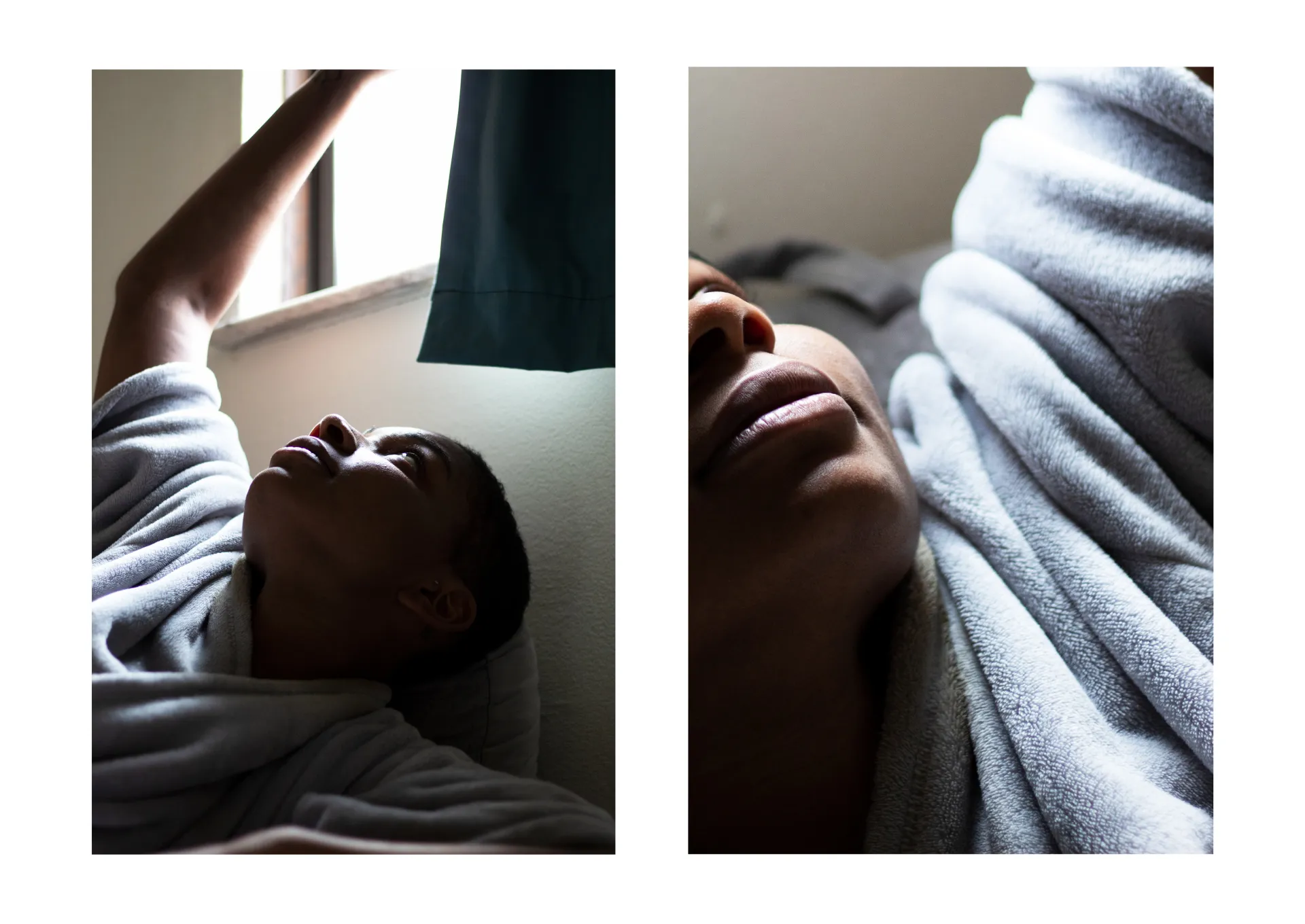 Left: A photo of a woman reaching up to the bright sunlight coming from a window. Right: A close-up photo of the same woman reaching up to the window.