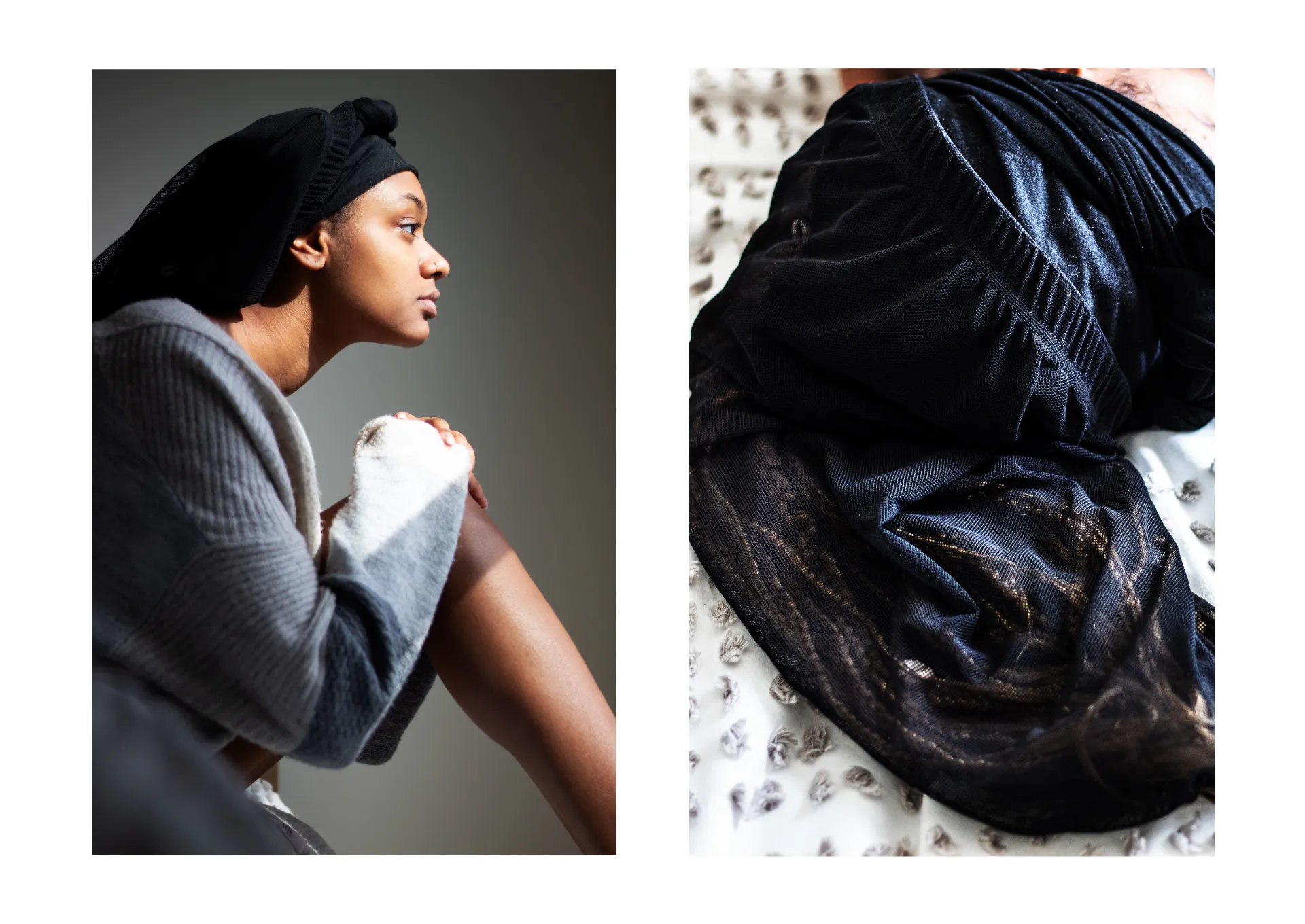 Left: A woman wearing a black bonnet sits facing right with their hands on their knees. Right: The woman lays down with their bonnet draped across the floor. Its fabric fills most of the frame.