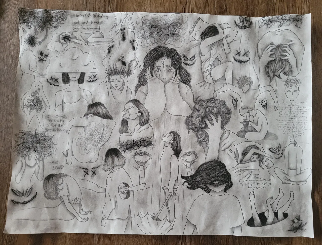 Multiple grayscale illustrations of a person looking stressed and tired interspersed with captions describing thoughts about negative mental health