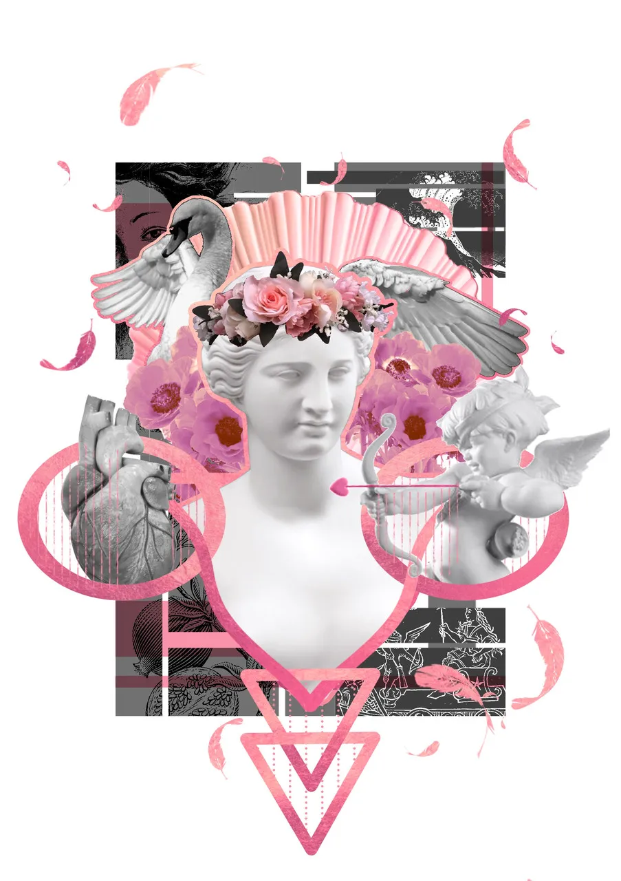 A bust of Aphrodite is surrounded by a swan, an anatomical heart, and a cherub