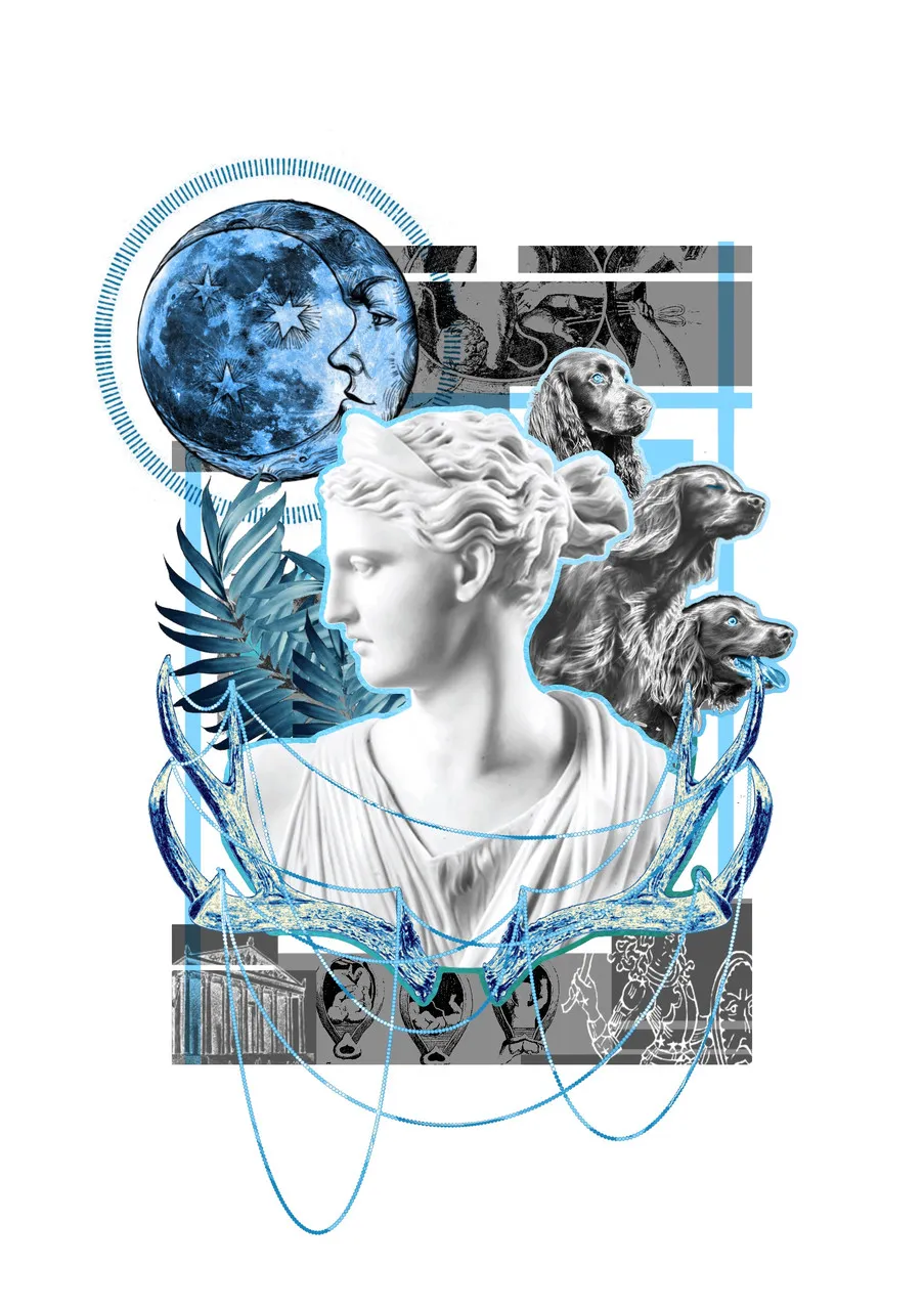 A bust of Artemis is surrounded by blue leaves, three dogs, and a blue moon