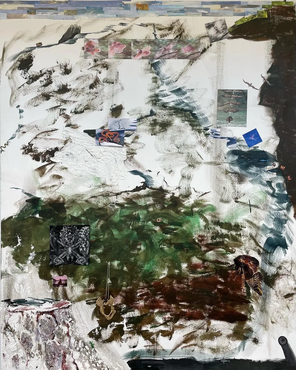 An abstract artwork with earth-tone colors and tiny photographs of animals
