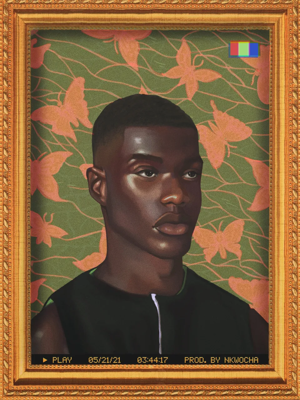 An African-American person in front of a green background covered with orange butterflies, all encased in a gold frame