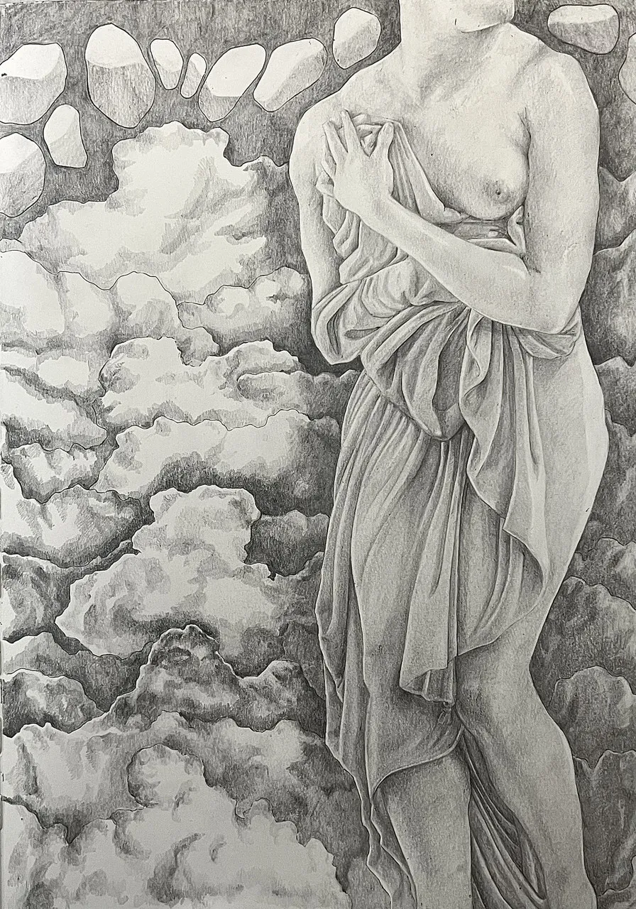 A grayscale drawing of a naked figure clutching a sheet in front of a background of cloud-like shapes