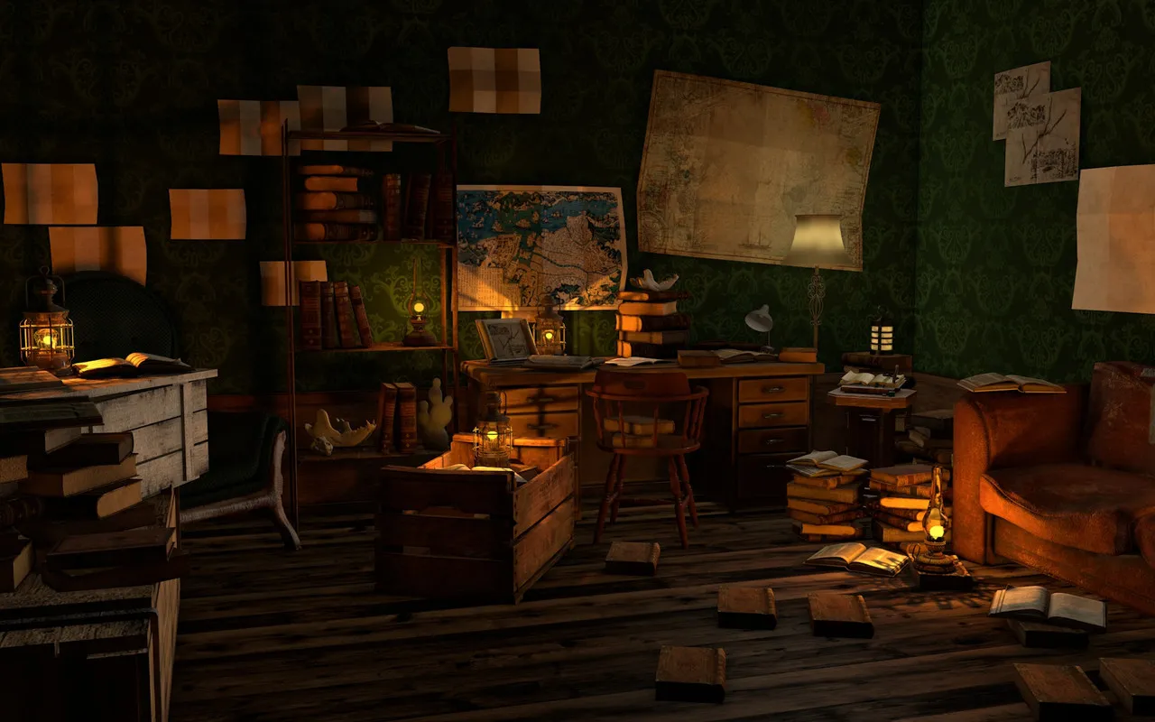 An office dimly lit by oil lamps, cluttered with wooden furniture, books, and maps on the wall