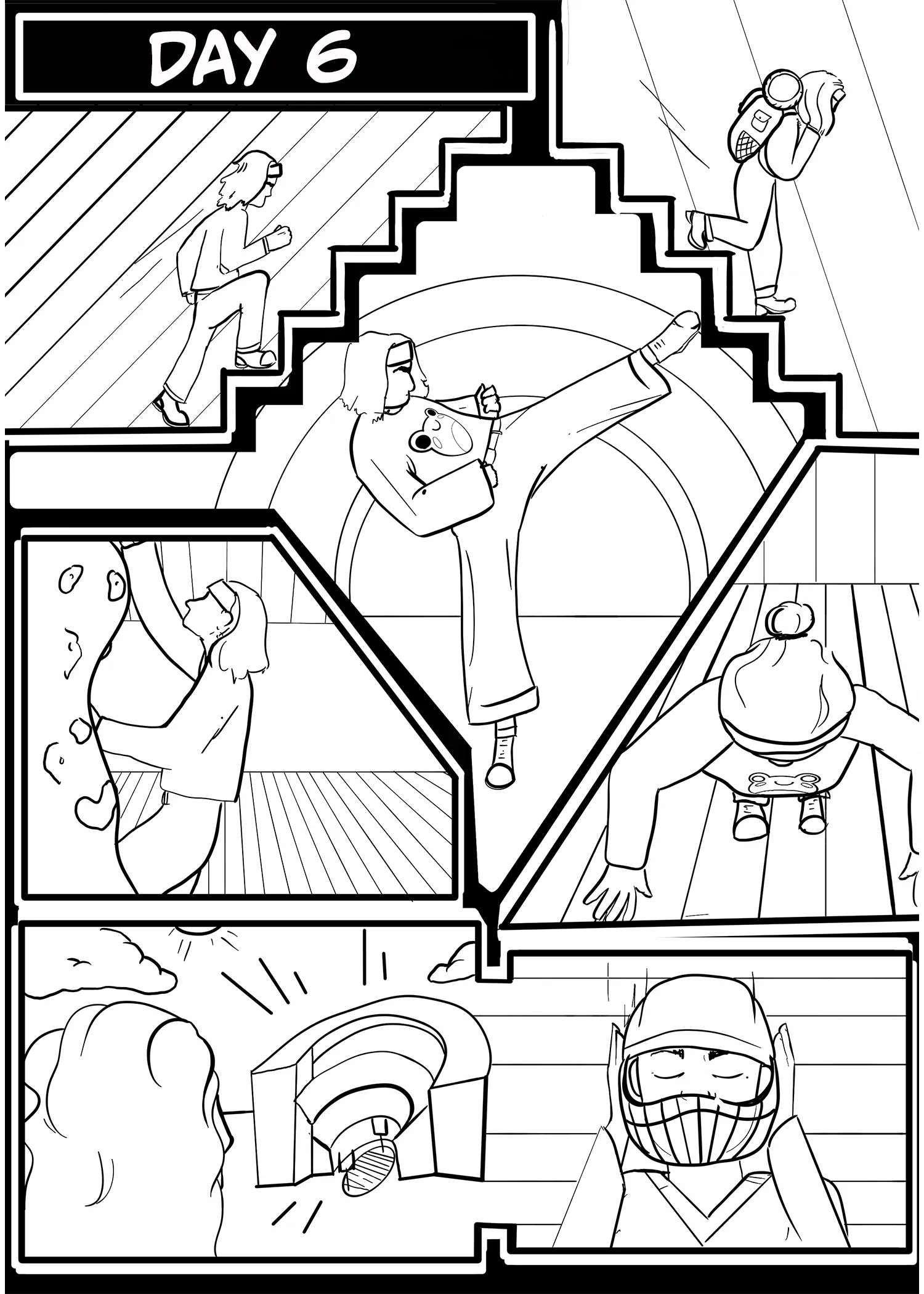 Panel 6: Day 6 Gordon is shown physically training, including stairs, karate, and rock climbing. He heads toward the Shoe (Ohio Stadium).