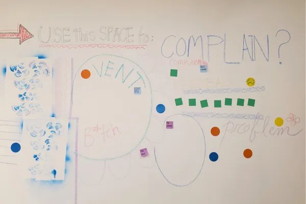 Written in colored chalk on a white wall, the headline states "Use this space to complain". Under this headline are shapes drawn in chalk and multicolored sticky notes.