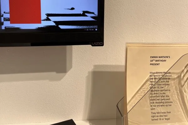 A photo shows the bottom corner of a television screen in the exhibit. To the right of the television, a collection of papers with the text headline "Emma Watson's 18th Birthday Present"