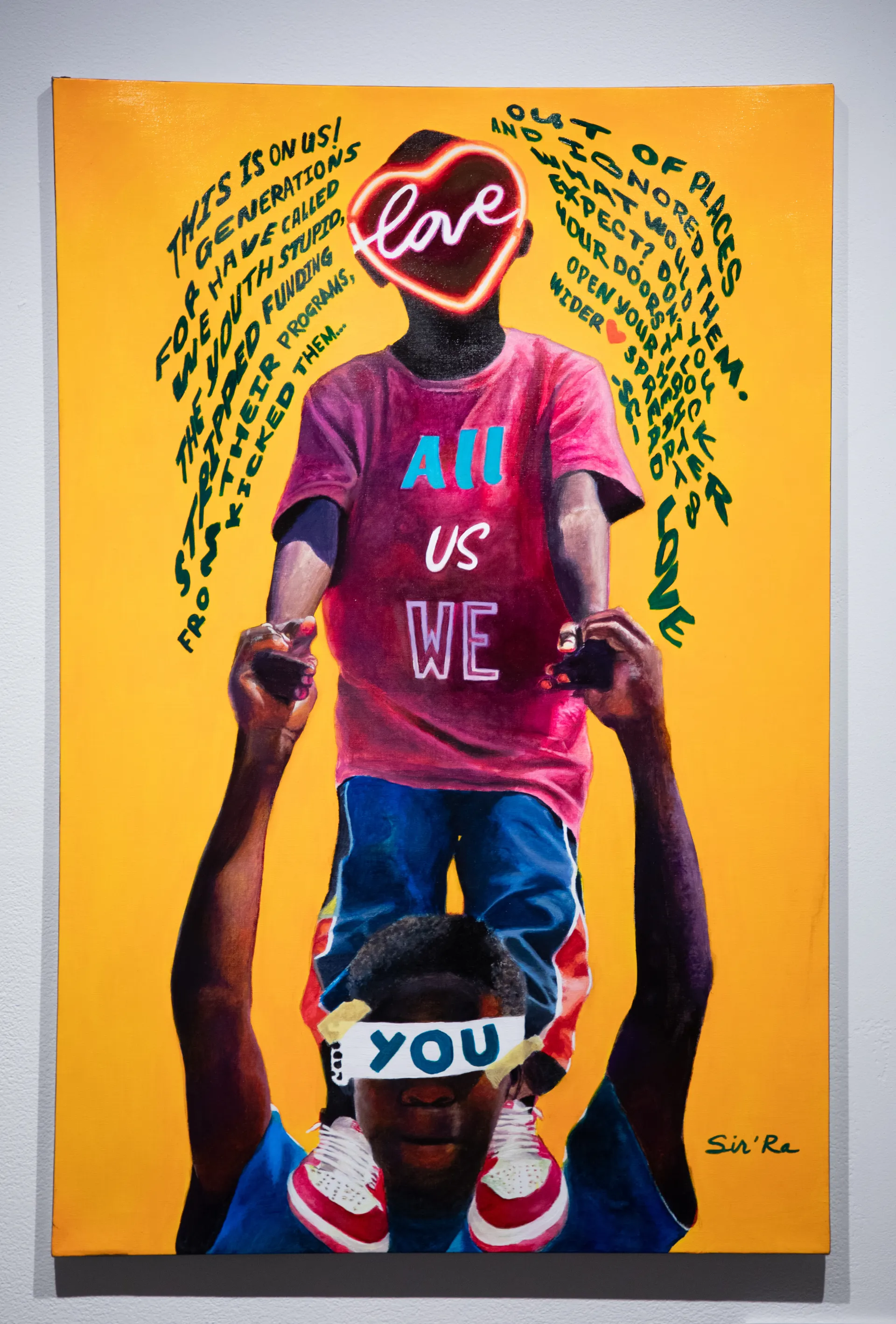 Painting of a kid standing on his Dad's shoulders surrounded by words 