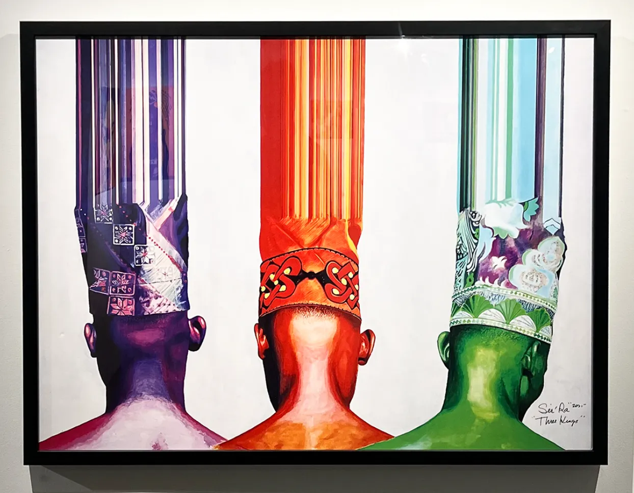 Three men with their backs turned away from the viewer with crowns on their head that extend to the top of the print