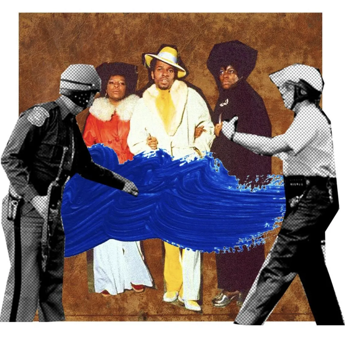A collage with leaders of the Black Power Movement being told off by cops in a trace of blue paint
