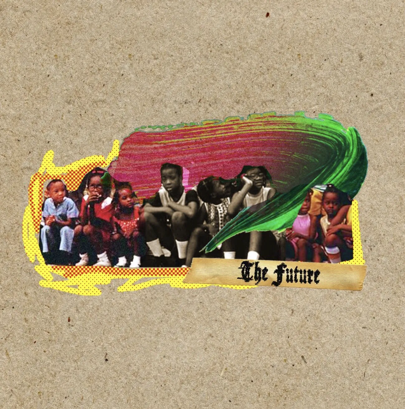 A collage with young black children surrounded by a wave of pink, green, and yellow and a sign that says "The Future"