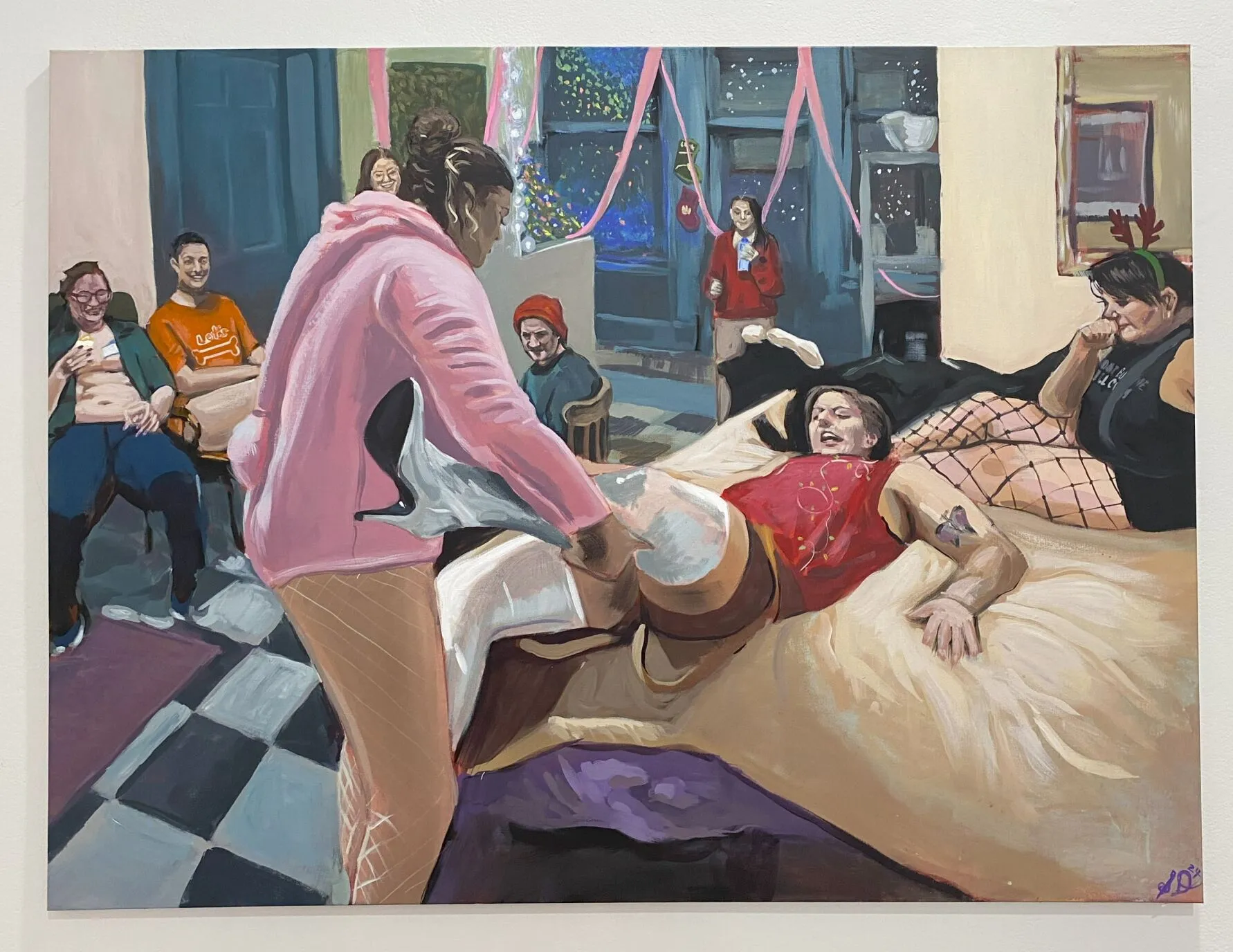 Painting of eight friends in a bedroom, one friend lays down on the bed while another attempts to put long shiny white boots on their feet. 