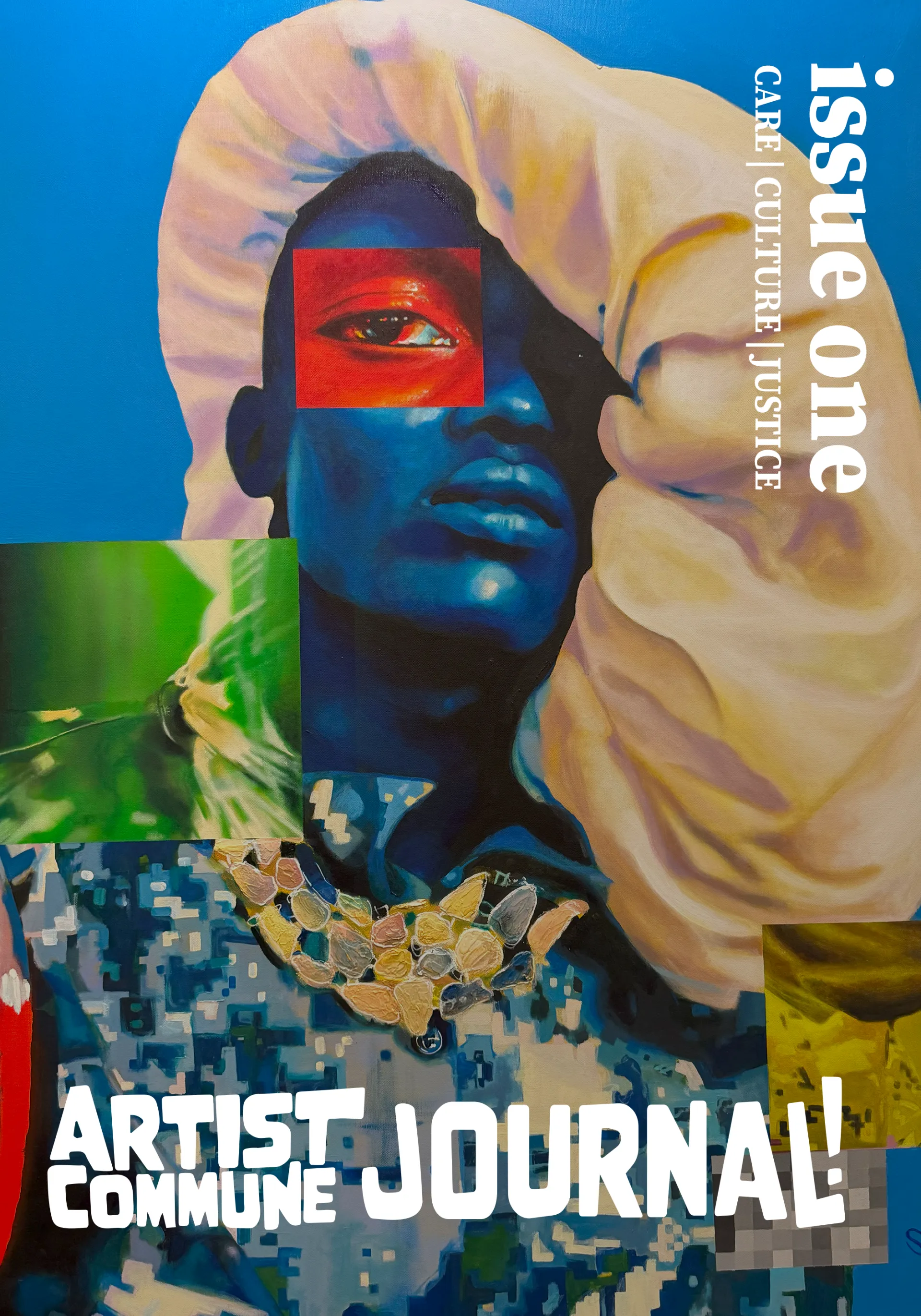 painting of a person with blue skin and a cream-colored bonnet; text: artist commune journal issue one care culture justice
