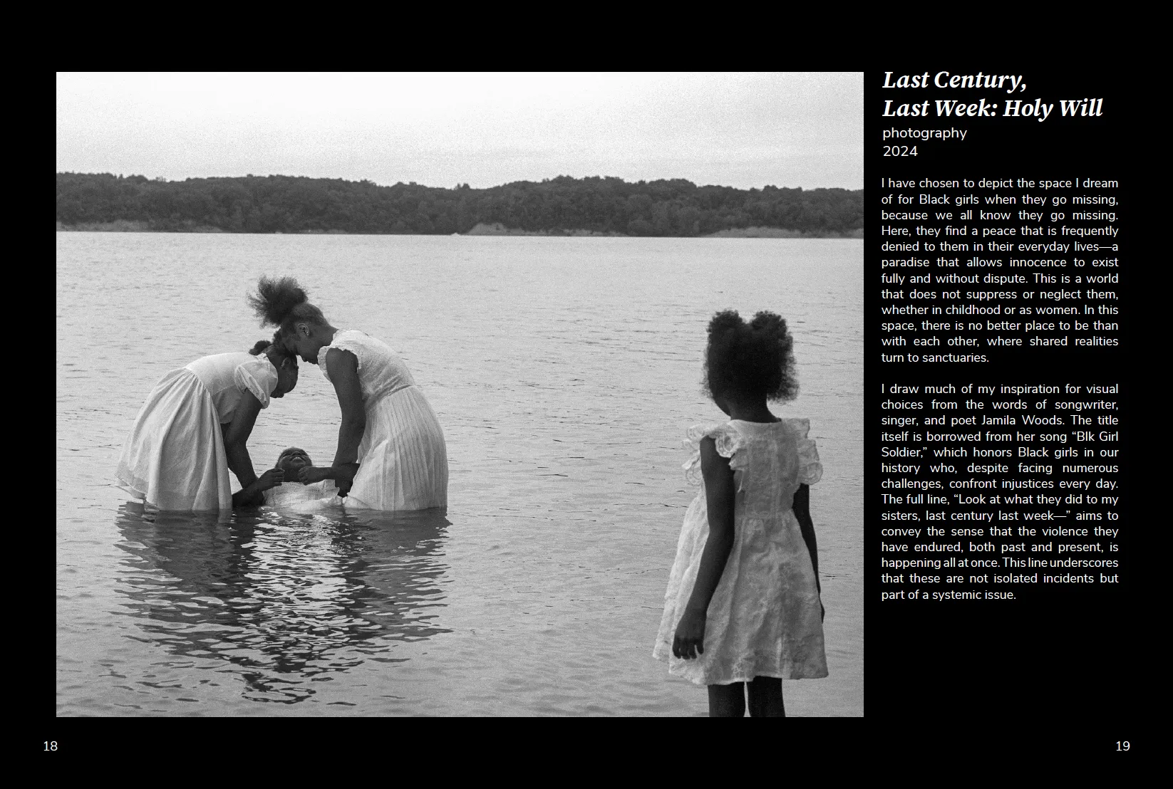 two-page spread of Ky Smiley's work with black and white photo of small black girls in white dresses baptizing themselves in a river