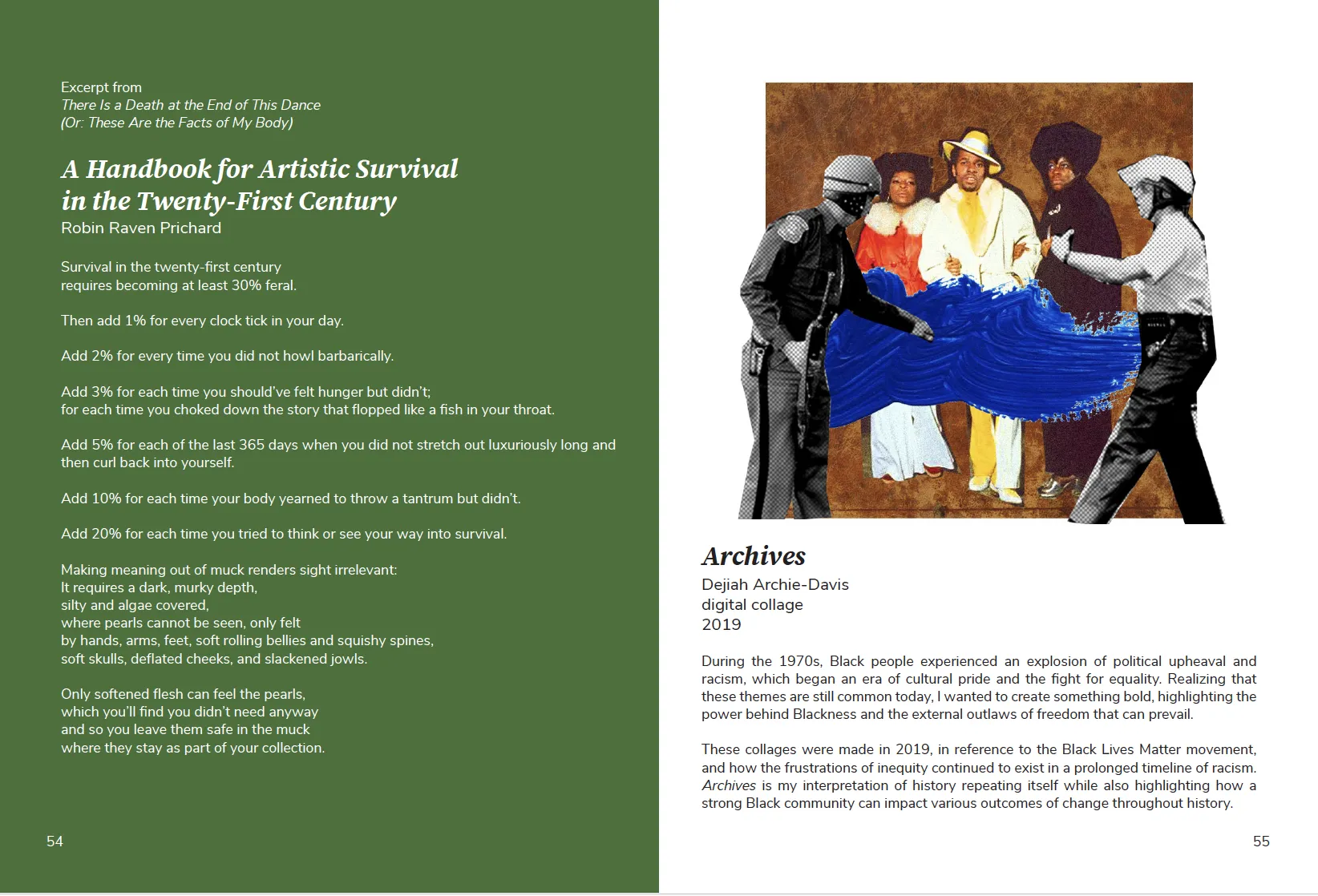 a poem by robin pritchard on a green background next to a collage piece by dejiah