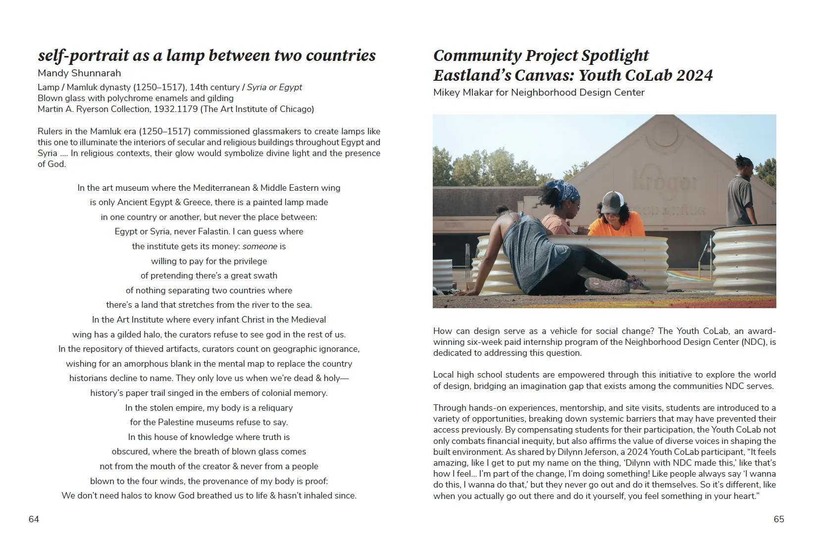 lampshade-shaped poem by Mandy next to a community spotlight from neighborhood design center