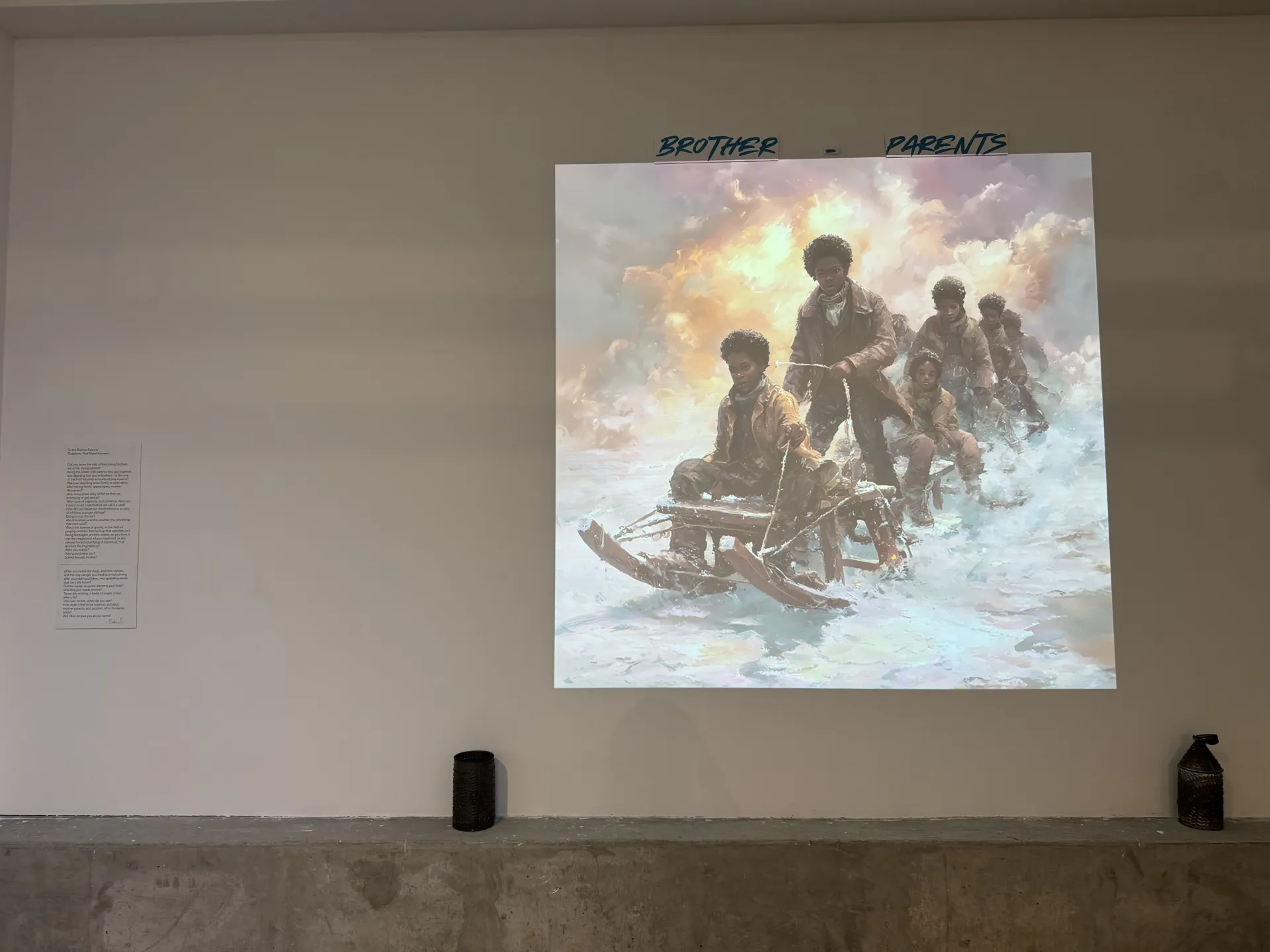 poem next to a projection of people crossing the ohio river