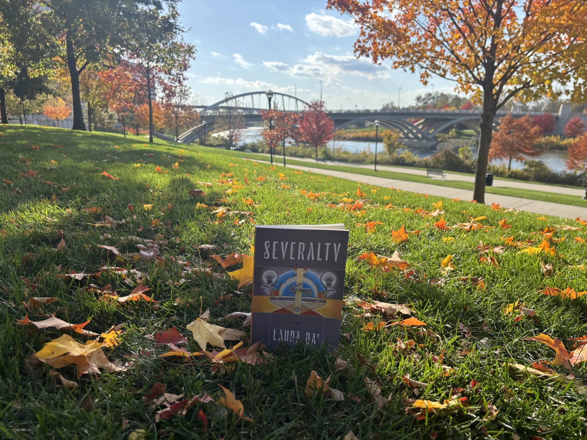 severalty poetry book in the grass and fall leaves on the scioto river