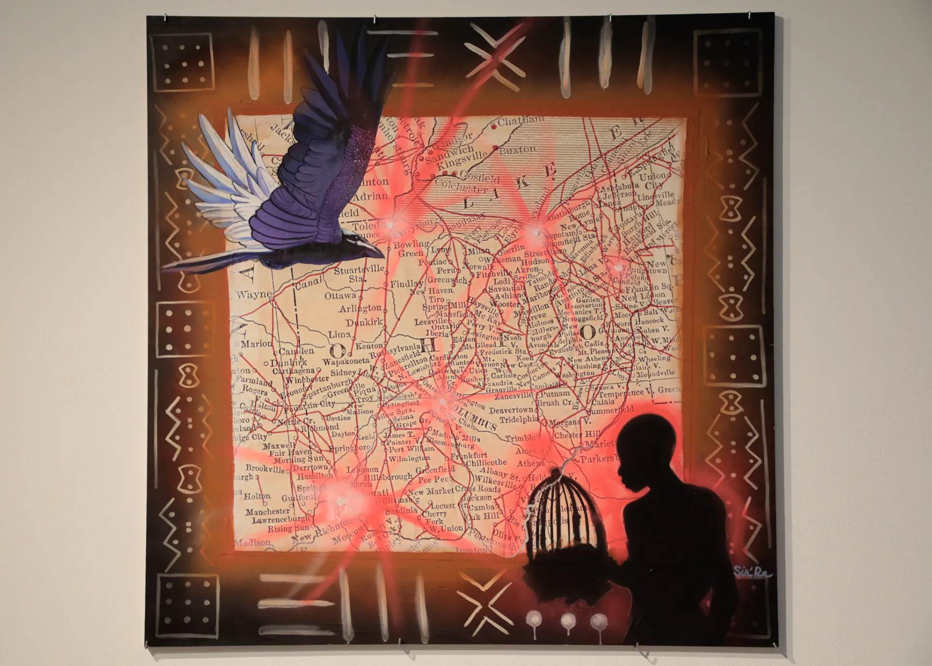 A painting of Ohio with a bird in the left corner and a boy with a cage in the lower right corner