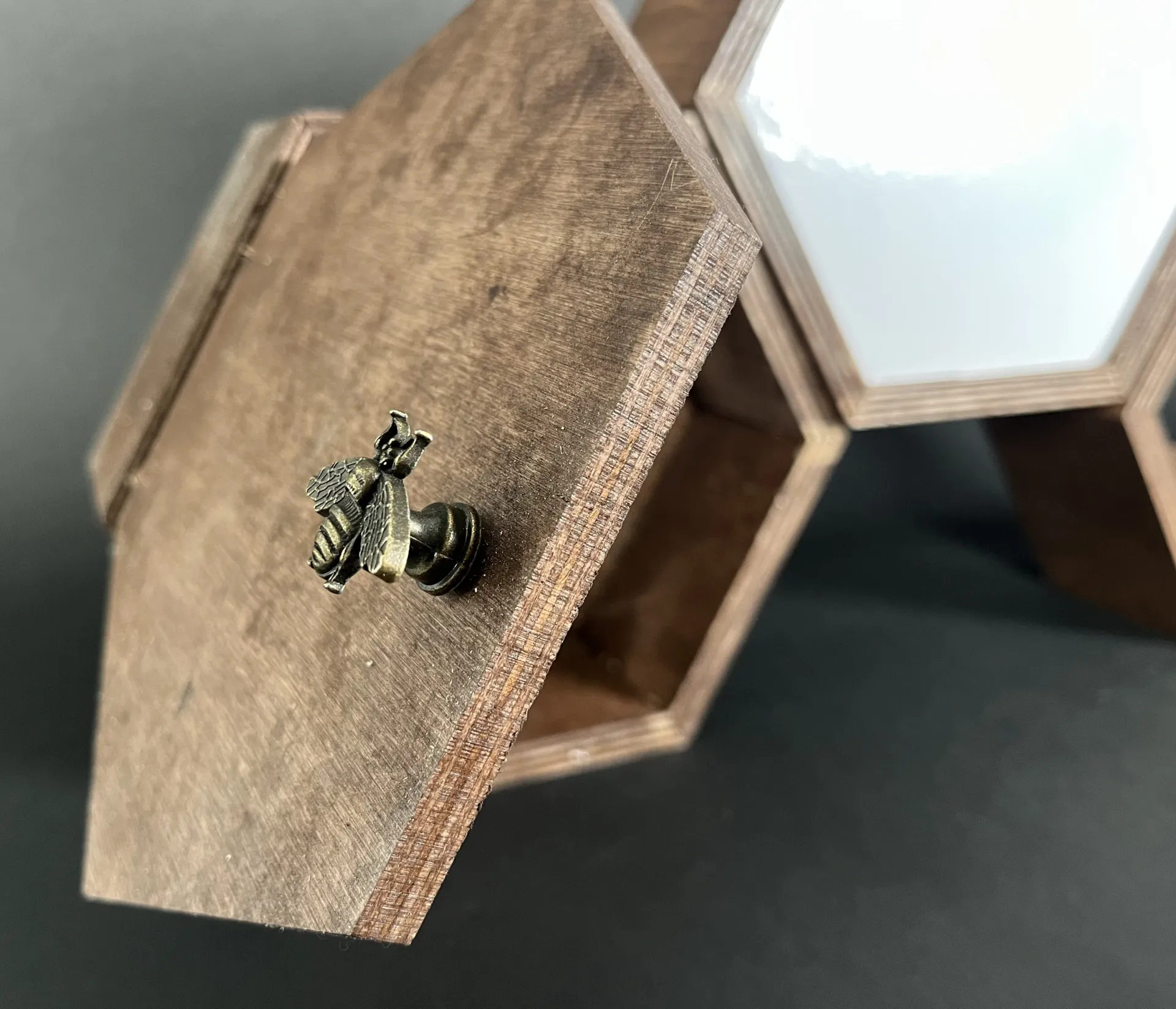 close up of hexagonal small wooden cabinet door with a bee knob