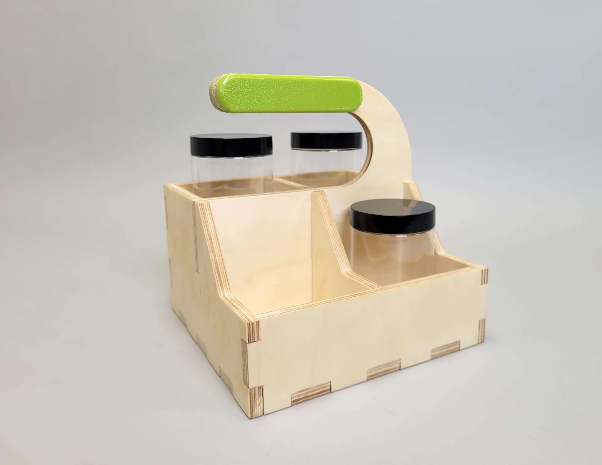 wooden caddy with bottles for laundry detergents
