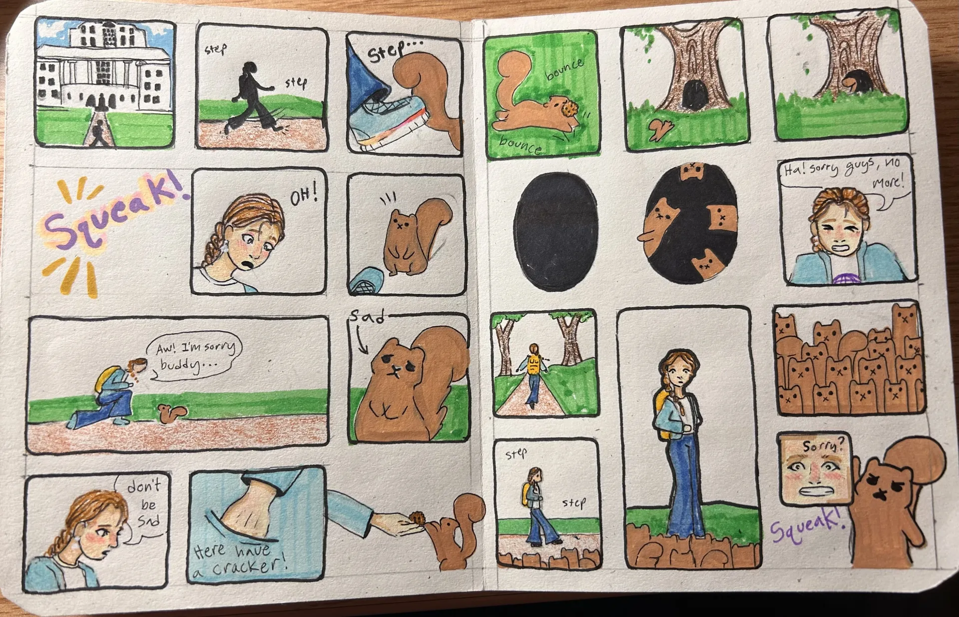 An open notebook shows a multi-panel comic strip across two pages. On the left page, a girl accidentally steps on a squirrel's tail while walking toward a large white building. She feels bad and gives the squirrel a cracker, telling it "don't be sad". On the right page, she continues her walk but is suddenly surrounded by a large, angry-looking mob of squirrels squeaking at her for more food.