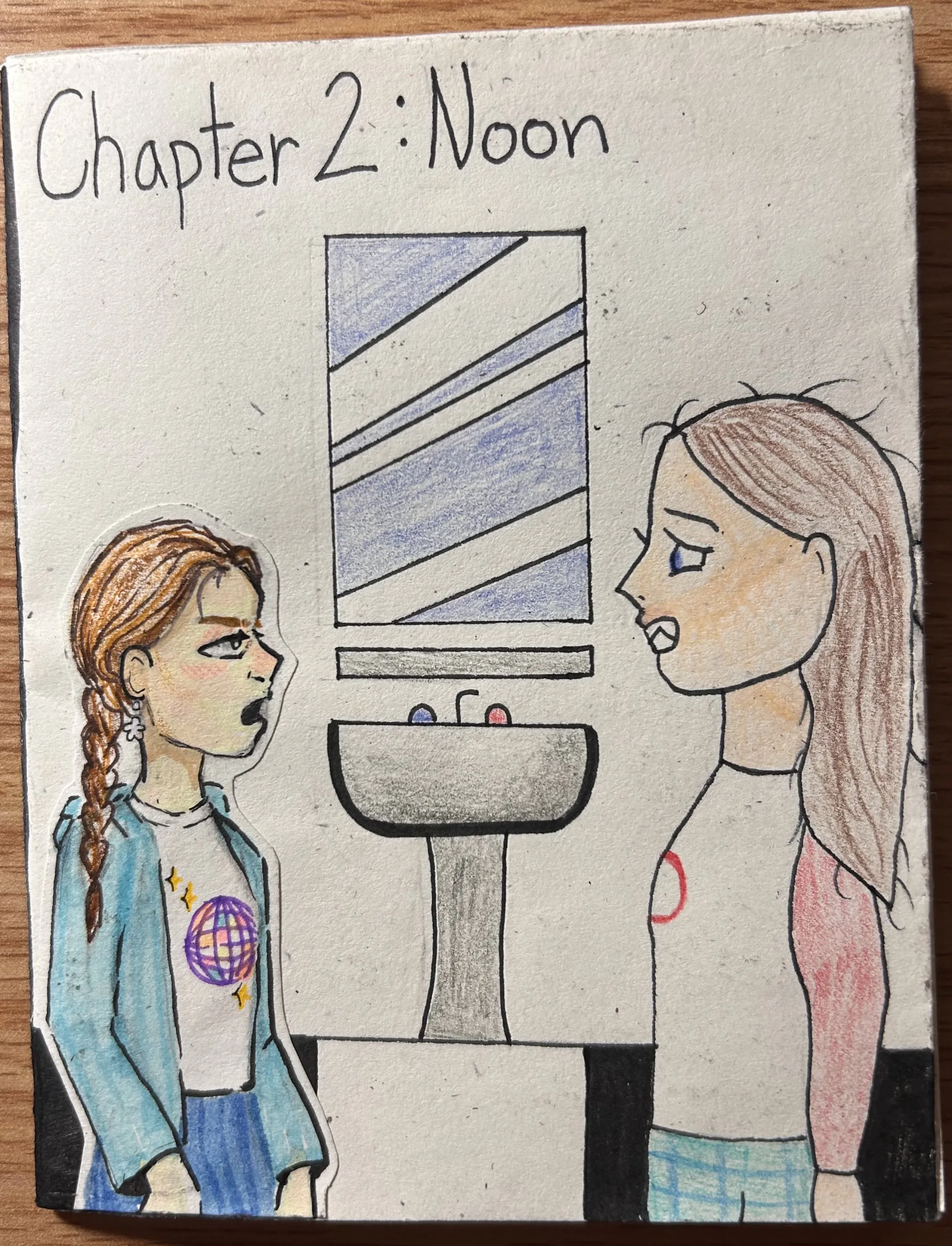 The title page for the next section, "Chapter 2: Noon." It shows Grace and the other character facing each other in the bathroom, both looking stressed or upset.