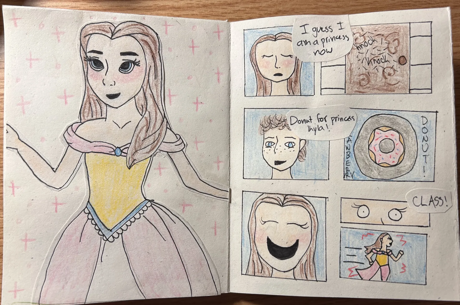 Kyla in her gown saying, "I guess I am a princess now," before receiving a donut from a friend and running off to class.
