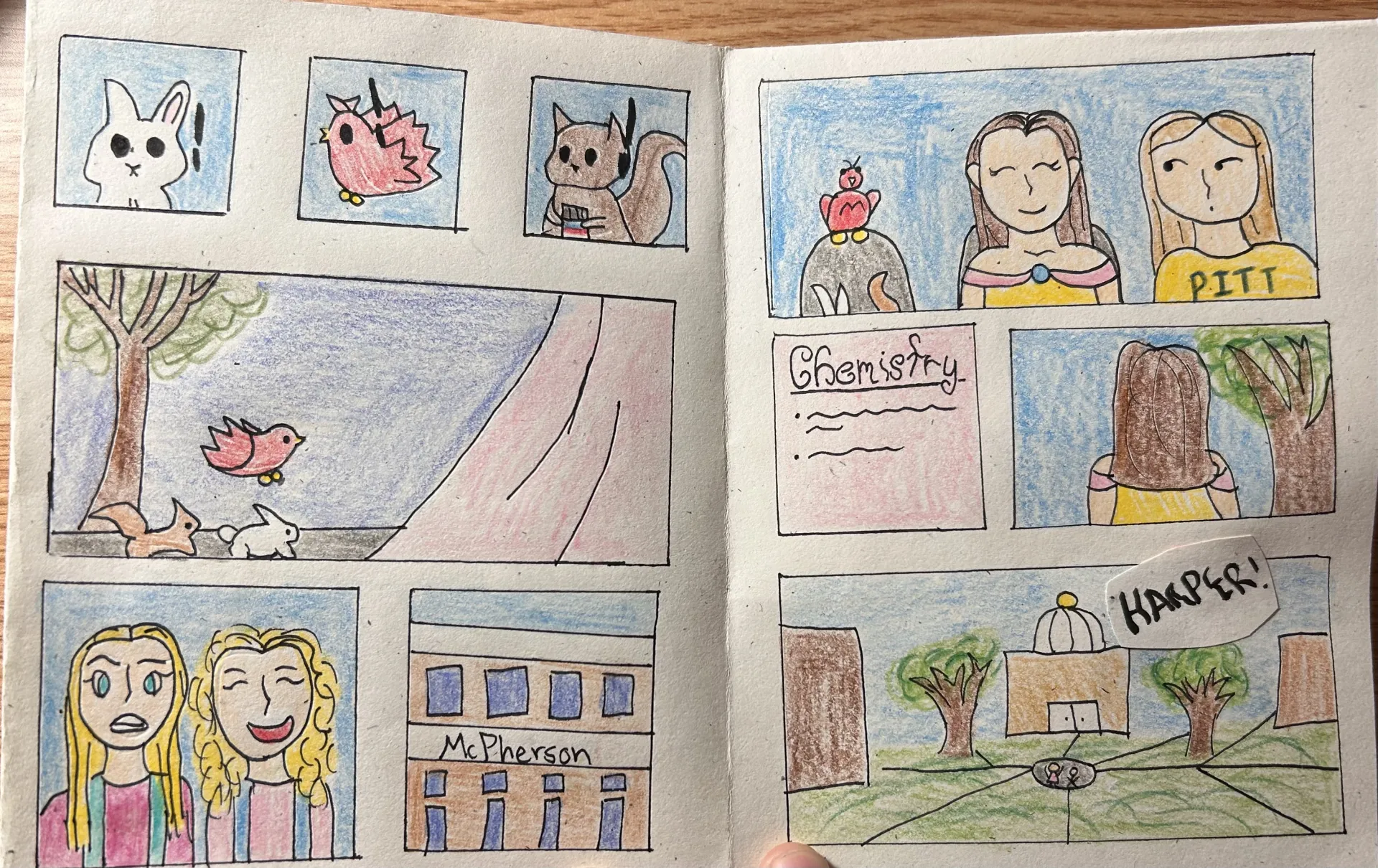 The princess character and a friend in a "PITT" shirt walking past animals on campus toward a building labeled "McPherson" for Chemistry.