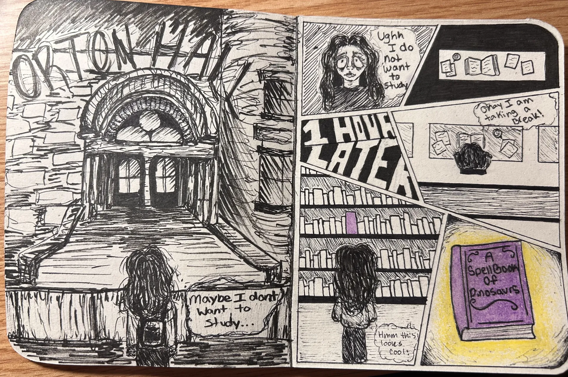 The character entering Orton Hall and finding a purple book titled "A Spellbook of Dinosaurs" after deciding to take a study break.