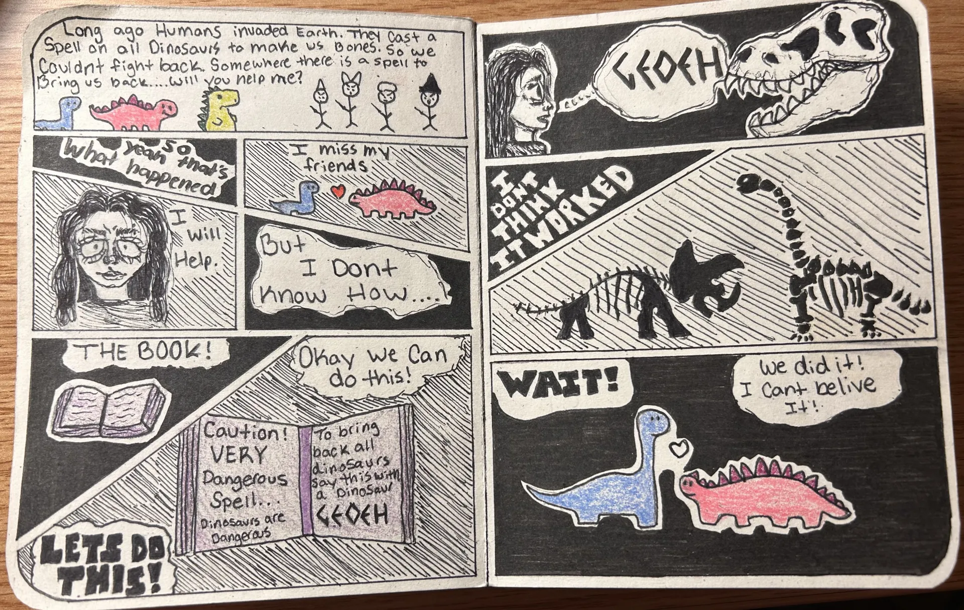 A hand-drawn comic page where a character named Ava helps a group of dinosaur ghosts. She uses a dangerous spell book to chant "GEDEH," successfully turning their skeletons back into colorful living dinosaurs.