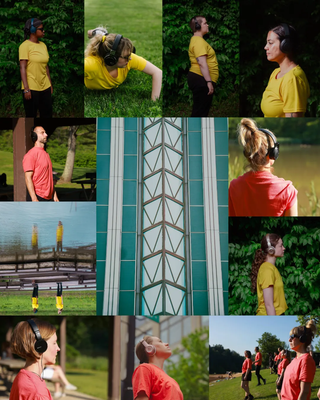 A photo compilation grid features images of people wearing over-ear headphones and listening, either dressed in yellow or red t-shirts, arranged around a central photo of a modern teal building structure.