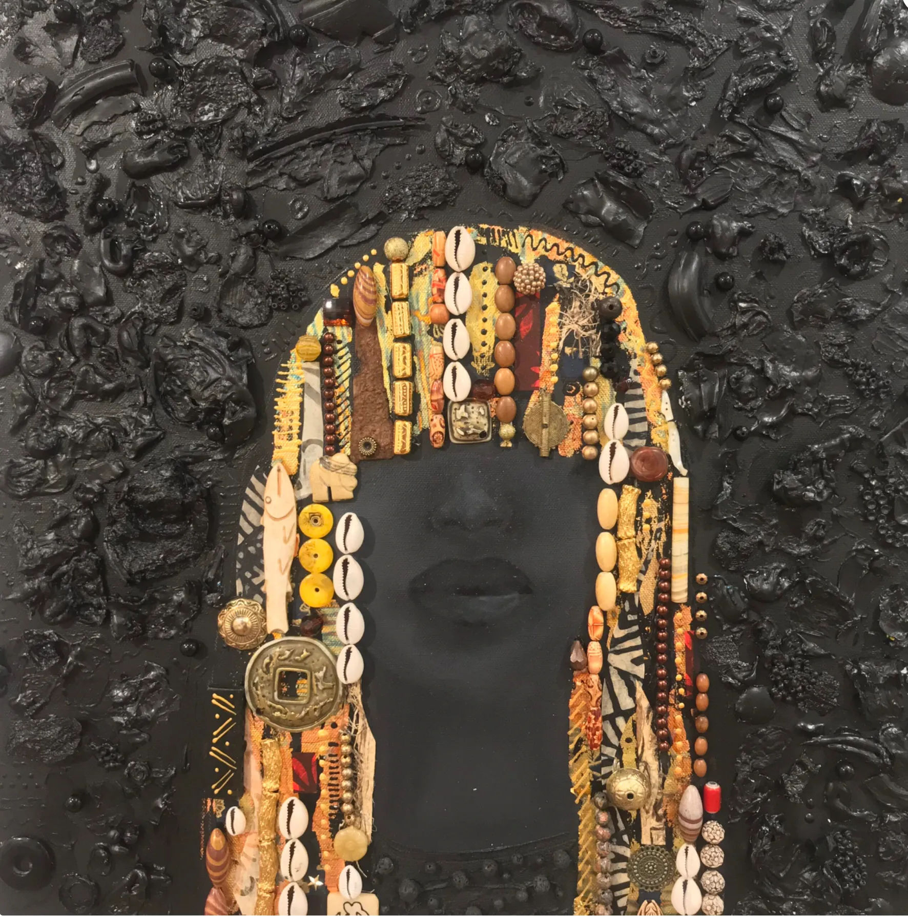 mixed media art piece of Black woman with yellow beads for hair
