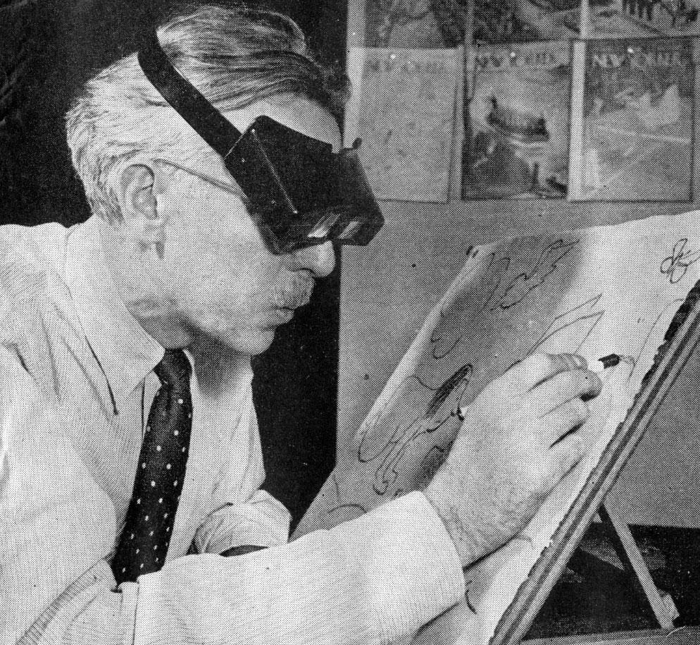 thurber with binoculars on as he draws