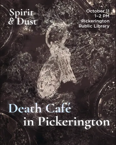 "Death Café in Pickerington," October 11, 1–2 PM at Pickerington Public Library, featuring a key over a dark lace background. 