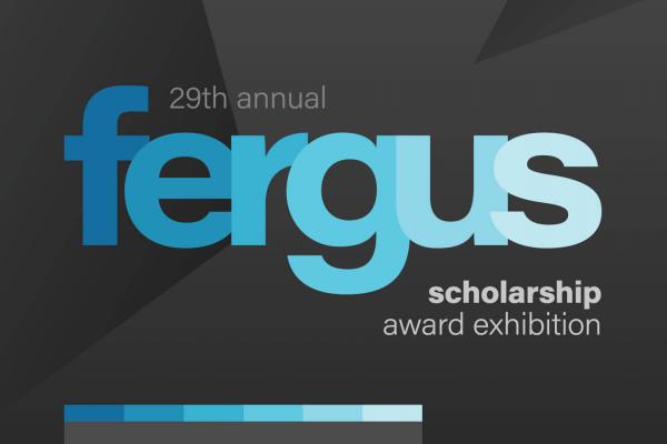 29th Annual Fergus Scholarship Award Exhibition Logo. "Fergus" is an lowercase and each letter is in varying shades of blue. Other pieces of the title surround the word Fergus in white.
