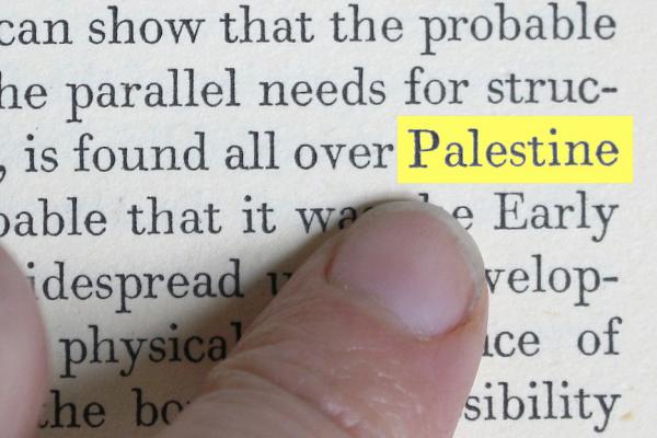 a finger pointing at a section of text, specifically at the word "Palestine" which is also highlighted in yellow
