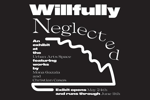 Willfully Neglected icon, black and white graphic with information about the exhibition 