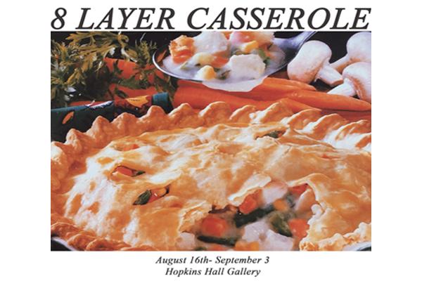 table of food including a casserole with text above saying '8 layer casserole' 