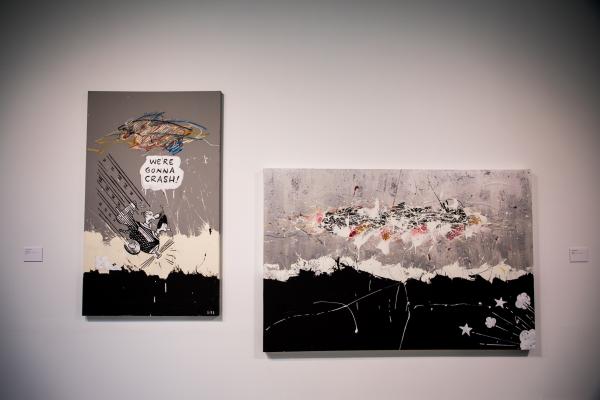 two paintings, one has two cartoon people in a plane screaming