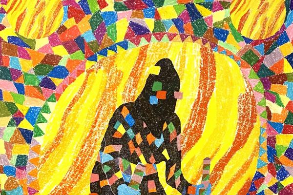Mosaic of various colors using inkjet and pastels on a canvas. Centered with a yellow, red and orange sun placed behind a figure representing Domingo de Ramos y Domingo de la Pascua 