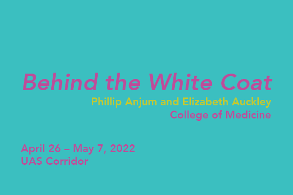 A teal background with purple text includes details about the Behind the White Coat exhibition