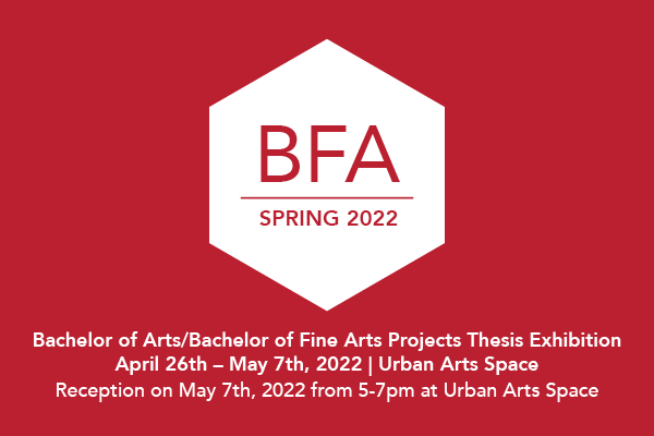 A red background with white text includes details about the Senior Projects Exhibition